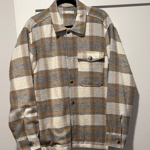 Zara Men's Checkered Shirt Jacket - Gray, Brown, and Cream